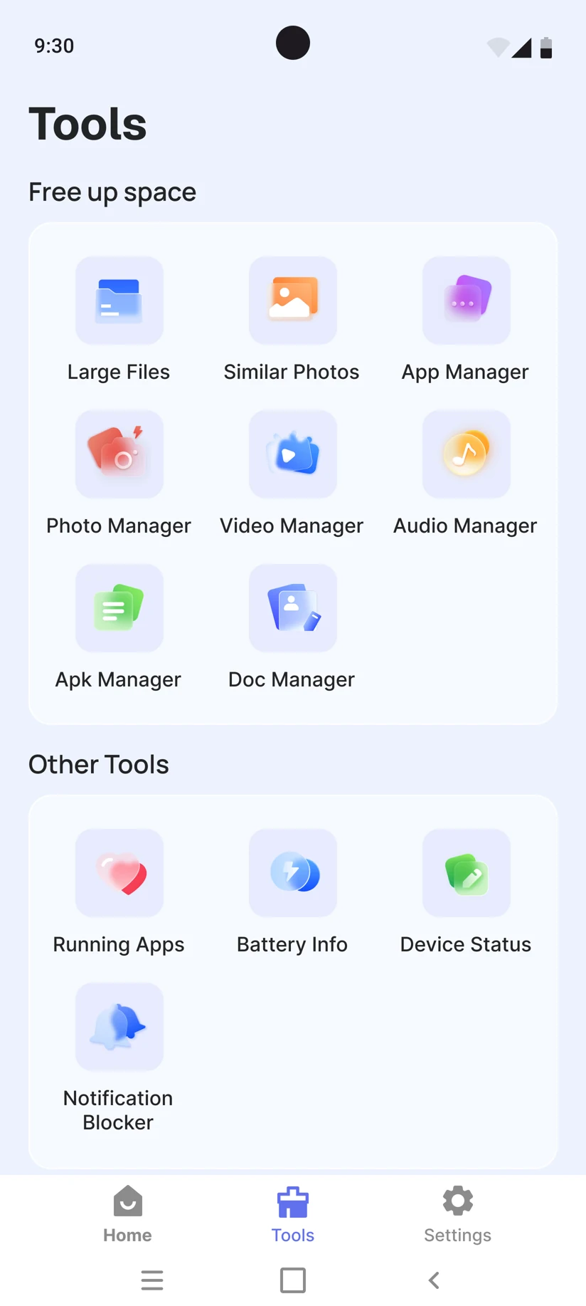 MaxClean tools for managing files, photos, apps, and battery information